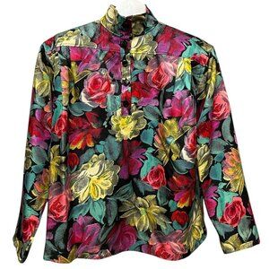 Vintage Emanuel Ungaro Silk Blouse Size 6 Black Floral 70s 80s Designer Italy